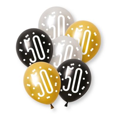 Ballonnen glitz black, silver & gold ’50’ (Ø30cm, 6st)
