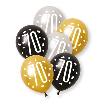 Ballonnen glitz black, silver & gold ’70’ (Ø30cm, 6st)