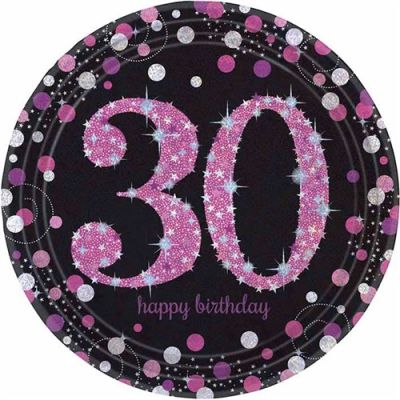 Bordjes sparkling pink ’30’ (Ø23cm, 8st)