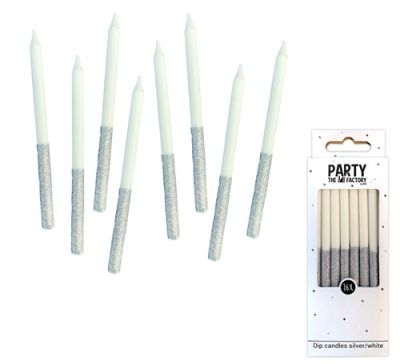 Candles glitter dip white with silver (9.5cm, 16pcs) Candles glitter dip white with silver (9.5cm, 16pcs)