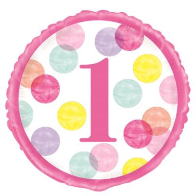 Folieballon dots first birthday roze (Ø45cm)