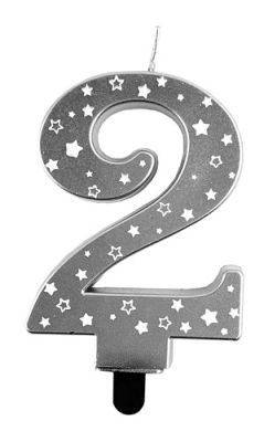 Number candle ’2’ metallic silver stars (8,5cm)