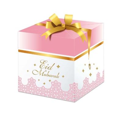 Luxe cadeaubox met lint Eid Mubarak roze 20 x 20 x 20 cm