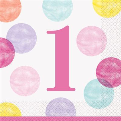 Napkins dots first birthday pink (33cm, 16pcs)