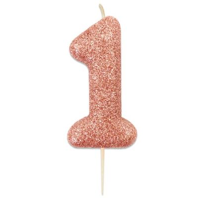 Nummerkaars glitter roségoud ‘1‘ (7cm)