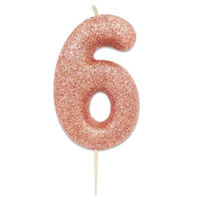 Nummerkaars glitter roségoud ‘6‘ (7cm)