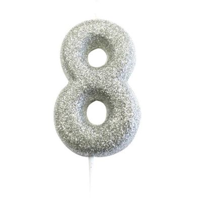 Nummerkaars glitter zilver ‘8‘ (7cm)