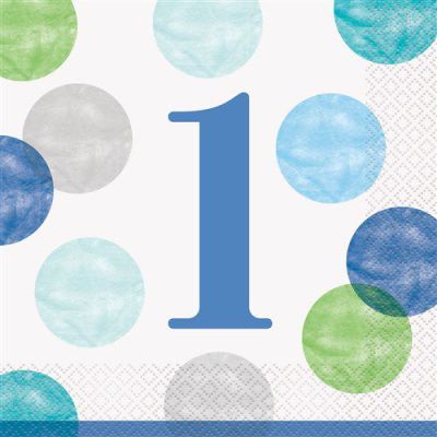 Serviettes dots first birthday bleu (33cm, 16pcs)