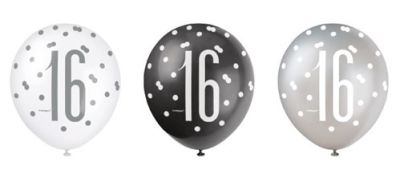 Ballons glitz black&silver ’16’ (Ø30cm, 6pcs)